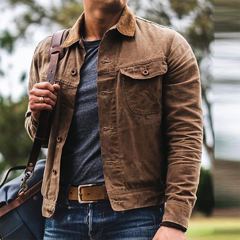 Stylish men's dark brown vintage utility jacket featuring multiple functional pockets. Perfect for spring & fall.