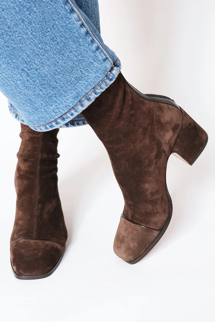 Dark brown women's elegant square toe ankle boots with a comfortable block heel, perfect for fall and winter chic.