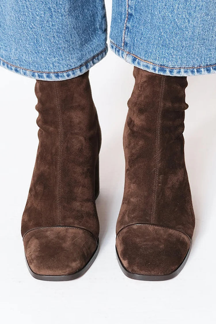 Chic women's square toe block heel boots in dark brown, offering versatile and elegant style for daily wear.