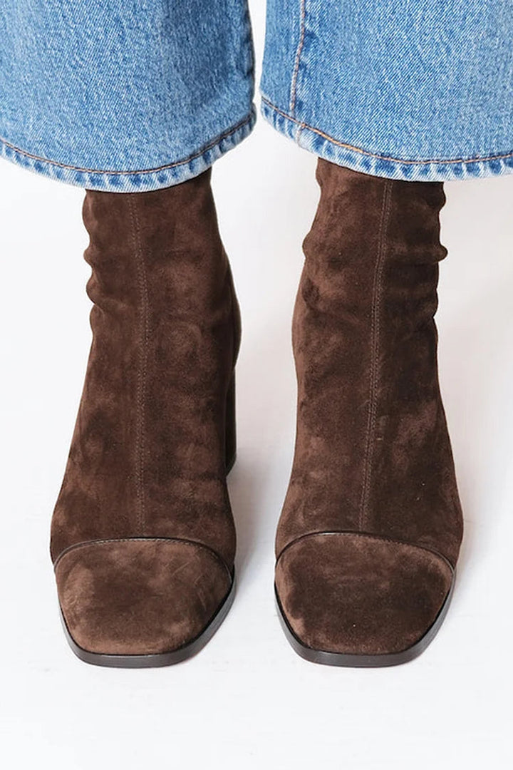 Chic women's square toe block heel boots in dark brown, offering versatile and elegant style for daily wear.