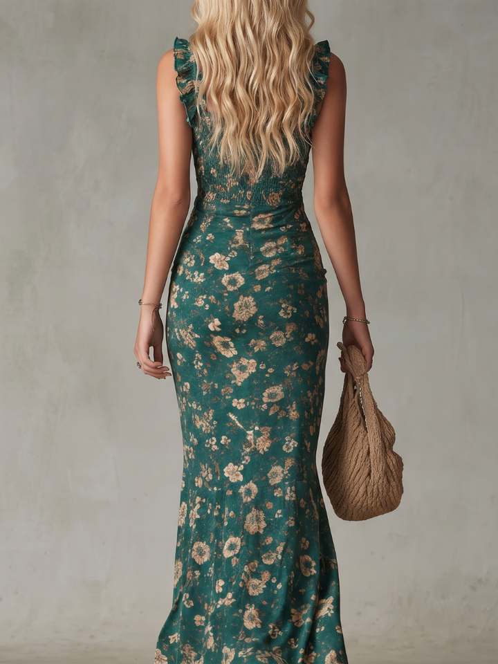 Versatile dark green smocked ruffle strap midi dress for women, suitable for summer parties & casual wear.