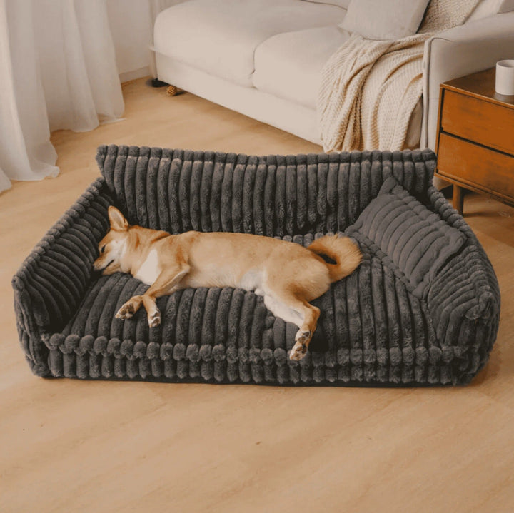 Dark grey washable orthopaedic dog sofa providing joint support for large dogs. Comfortable pet bed, easy clean.