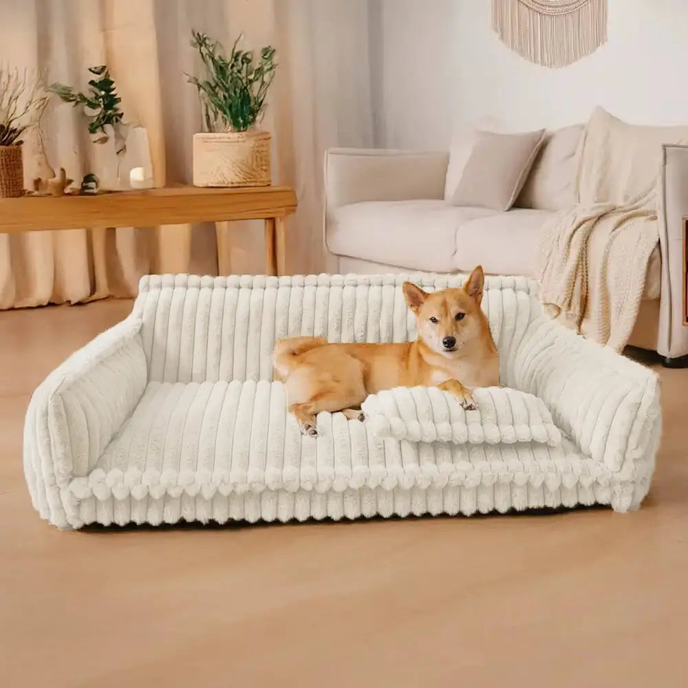 Plush white orthopaedic dog sofa, washable pet bed with joint support for dogs of all sizes. Pet furniture comfort.