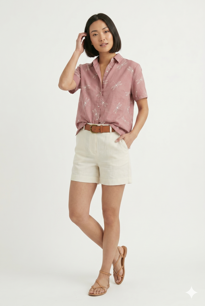 Lightweight & breathable dark pink women's printed summer blouse with button-up front, ideal for everyday fashion.