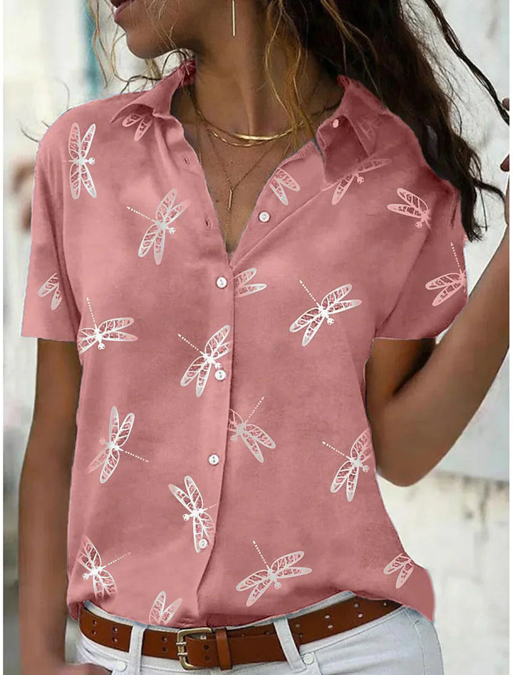 Stylish women's short-sleeve dark pink printed summer shirt. Effortless button-up top for casual and vacation wear.