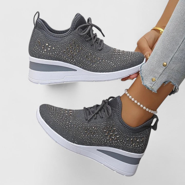 Dazzling women's rhinestone mesh wedge sneakers with lace-up design, offering sparkle & comfortable arch support.