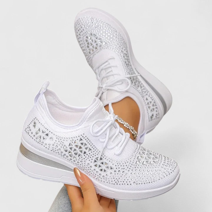 Comfortable women's wedge sneakers featuring dazzling rhinestones, breathable mesh & arch support for spring.