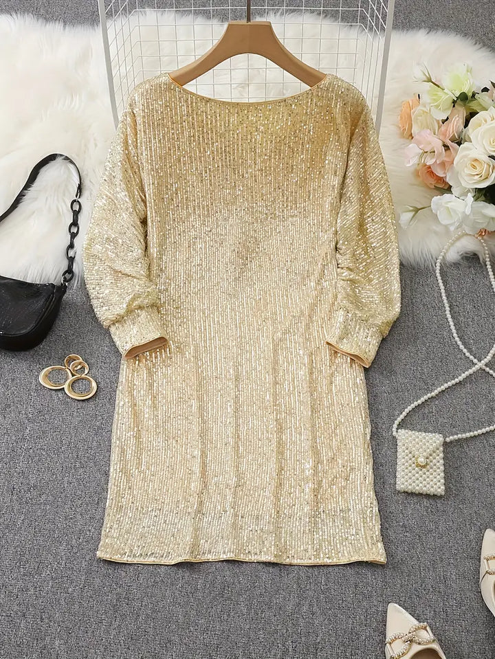 Sophisticated women's sequin evening dress, elegant special occasion wear.