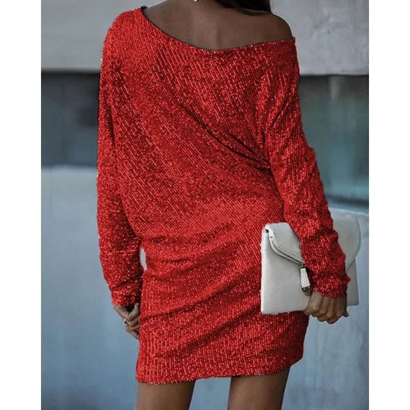 Elegant fitted sequin party dress for women's evening wear.