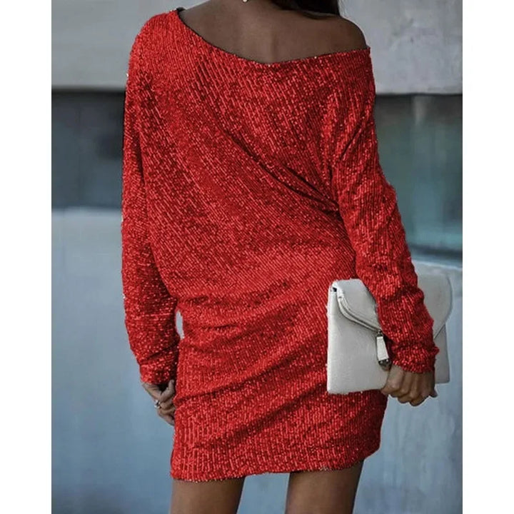 Elegant fitted sequin party dress for women's evening wear.