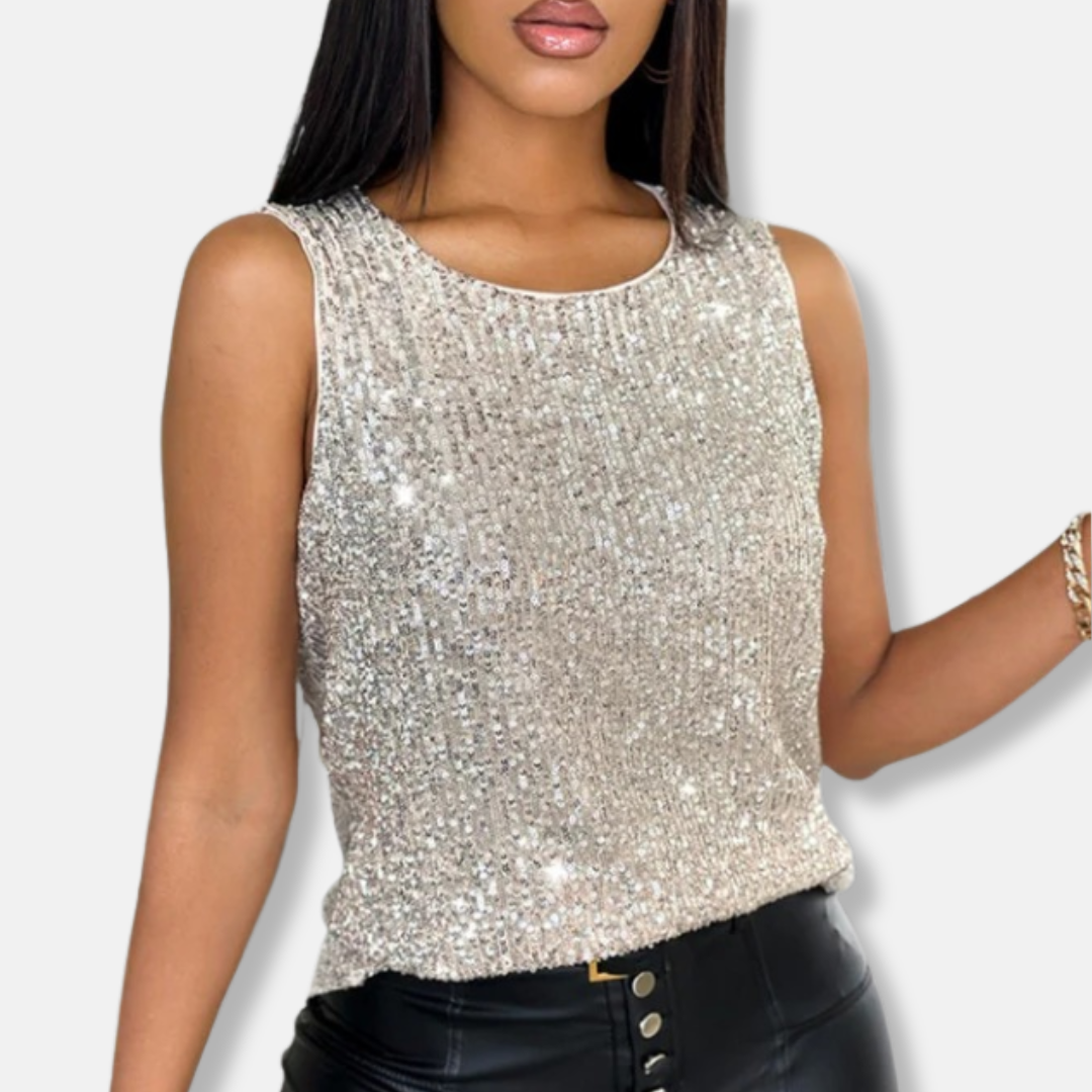 Chic women's sequin sleeveless top, a dazzling silver sparkle garment for glamorous parties & going out.