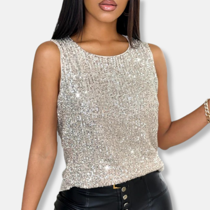 Chic women's sequin sleeveless top, a dazzling silver sparkle garment for glamorous parties & going out.