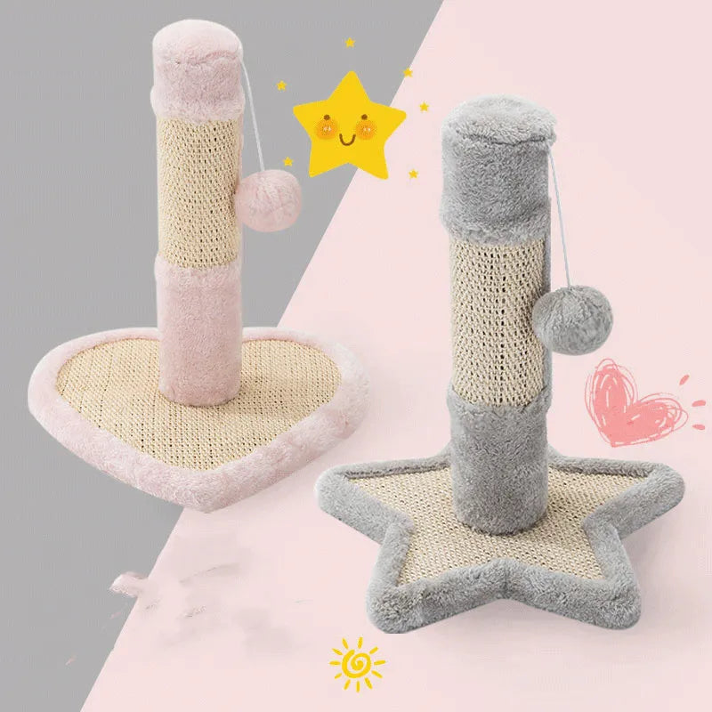 Cat scratching post with sisal rope, heart & star designs. Encourages natural scratching, protects home furniture.