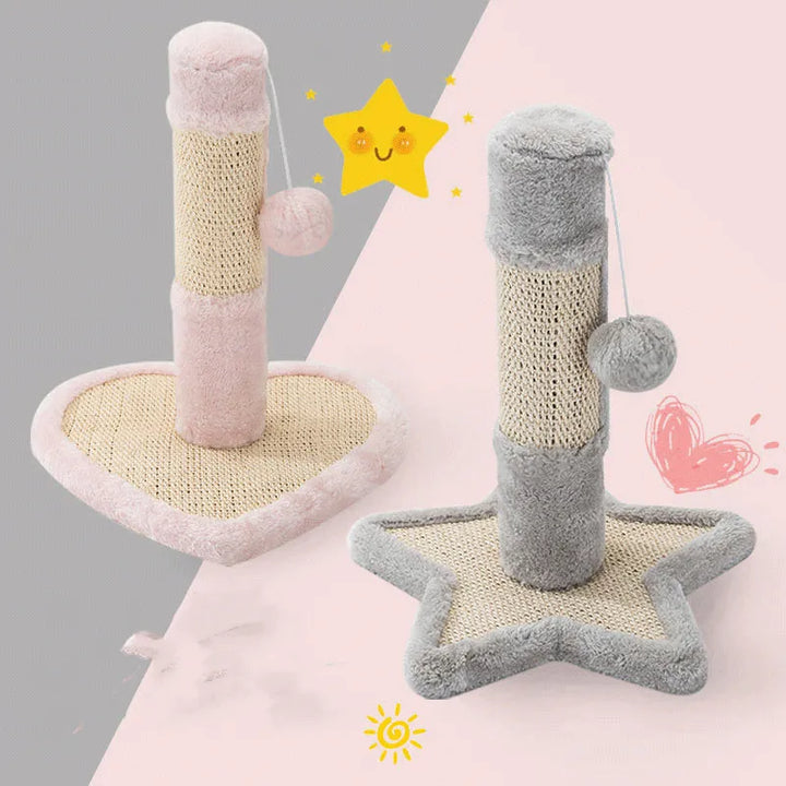 Cat scratching post with sisal rope, heart & star designs. Encourages natural scratching, protects home furniture.