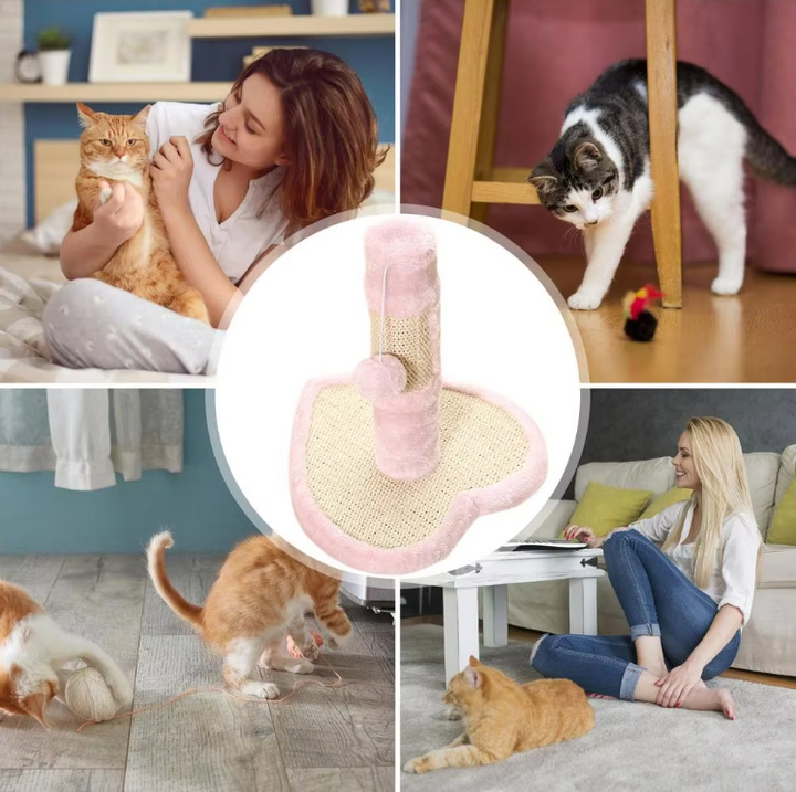 Sisal cat scratching post with playful heart & star designs. A durable cat toy & furniture protector for felines.