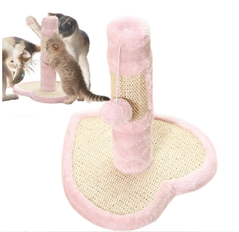 Feline enrichment scratching post, featuring heart & star designs, sisal rope, & a fun cat toy to deter scratching.