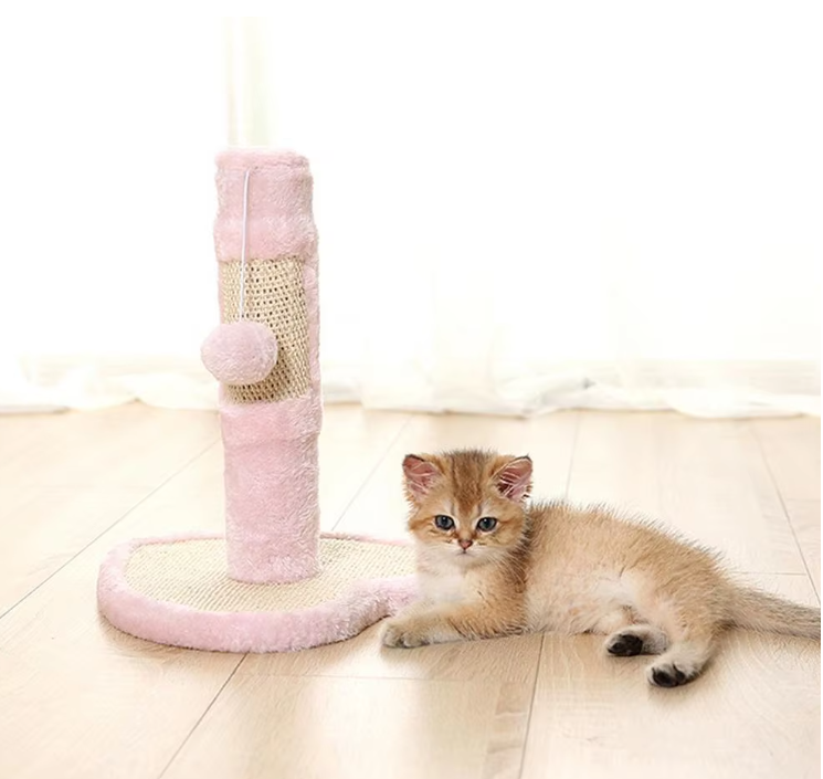 Cat's sisal scratching post with a dangling toy, decorative heart & star designs. Ideal pet supplies for active cats.