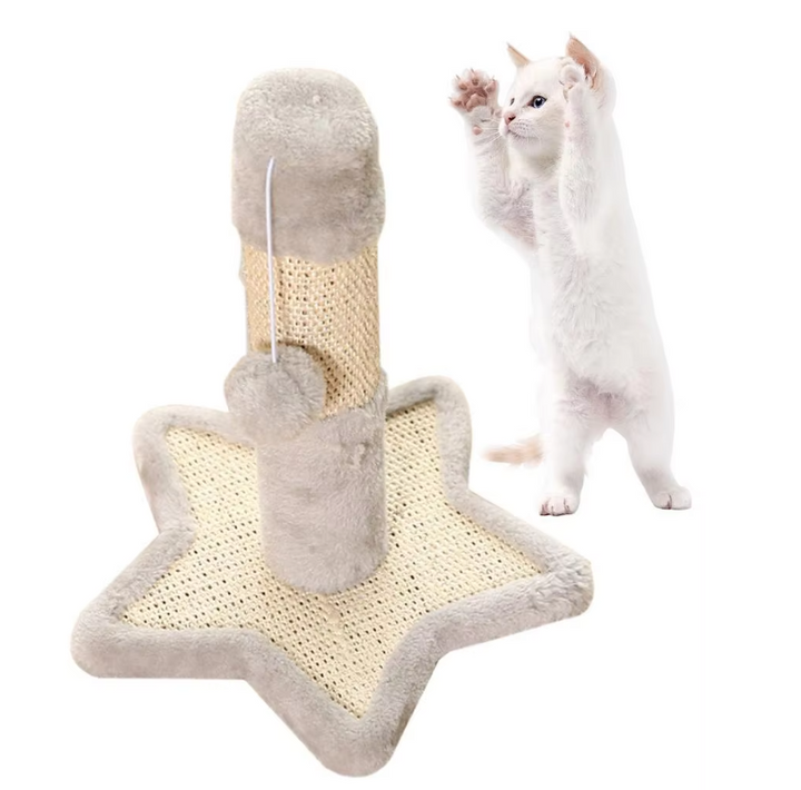 Stylish cat scratching post, white base with red heart & blue star. Sisal rope provides a durable surface for feline paws.