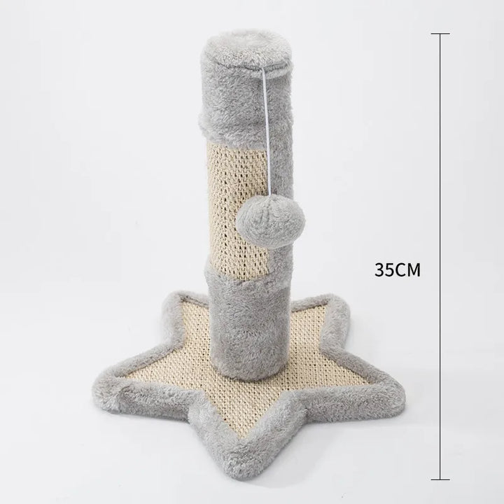Detail of cat scratching post: sturdy sisal wrapped pole with playful red heart & blue star cutouts. Feline fun!