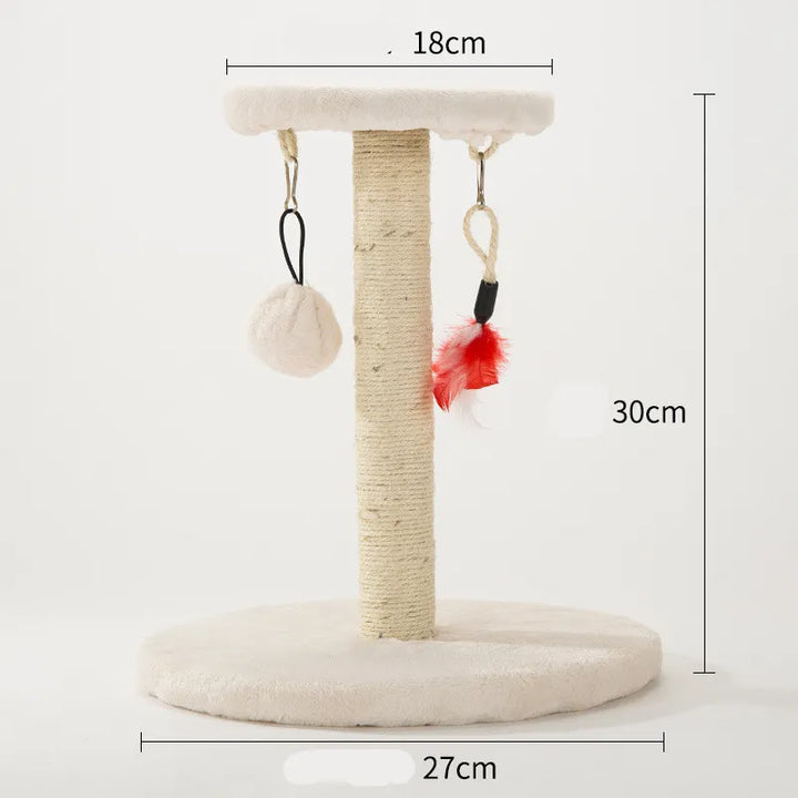 Complete view of cat's decorative scratching post: sisal tower, heart & star cutouts, stable base, and a dangling toy.