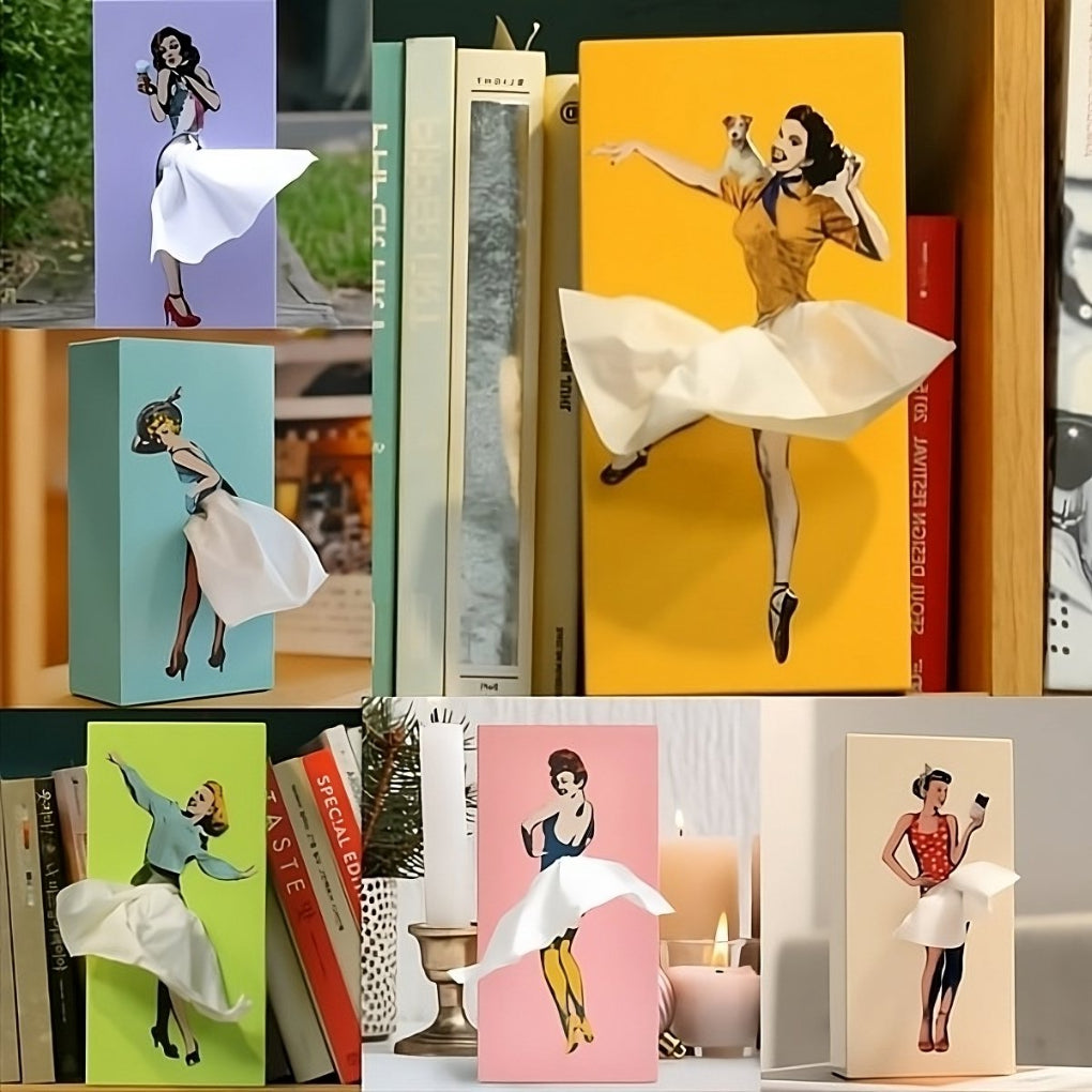 Decorative flying skirt tissue box holder. Funky pop art home decor for living room or bedroom.