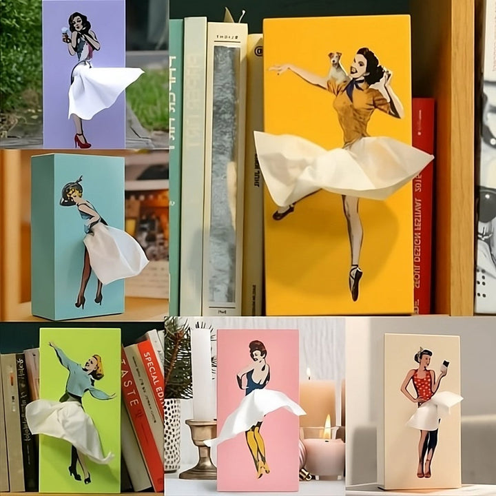 Decorative flying skirt tissue box holder. Funky pop art home decor for living room or bedroom.