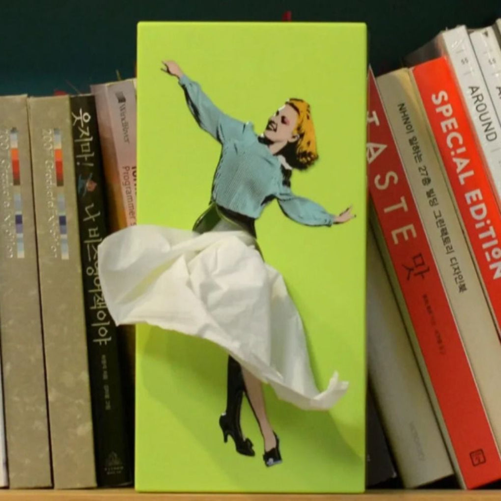 Funky flying skirt tissue holder, a decorative and artistic novelty for any home or office space.