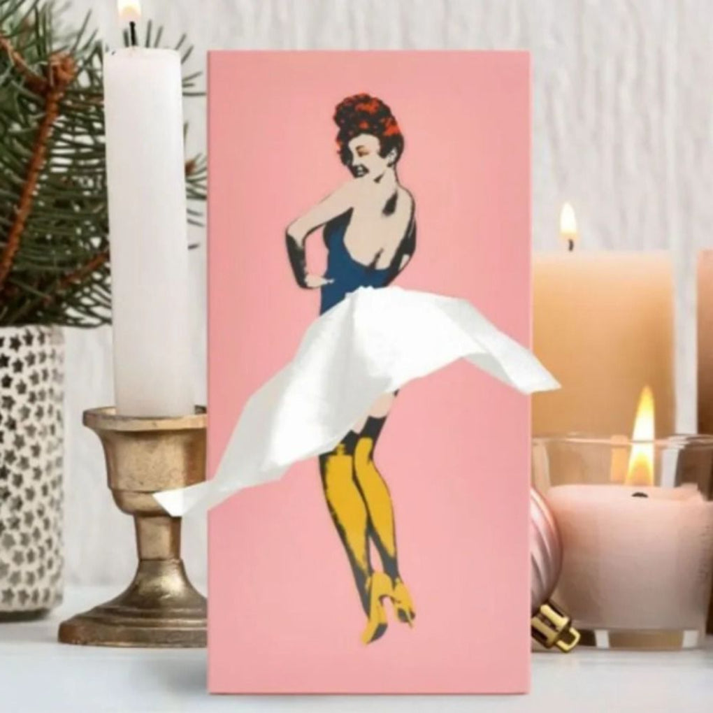 Artistic flying skirt tissue box holder. Decorative novelty home decor, ideal for living room or bedroom.