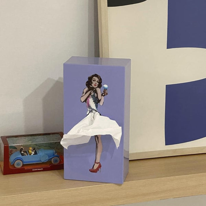 Pop art flying skirt tissue box. Unique desk or living room accessory, adds funky decor to any space.