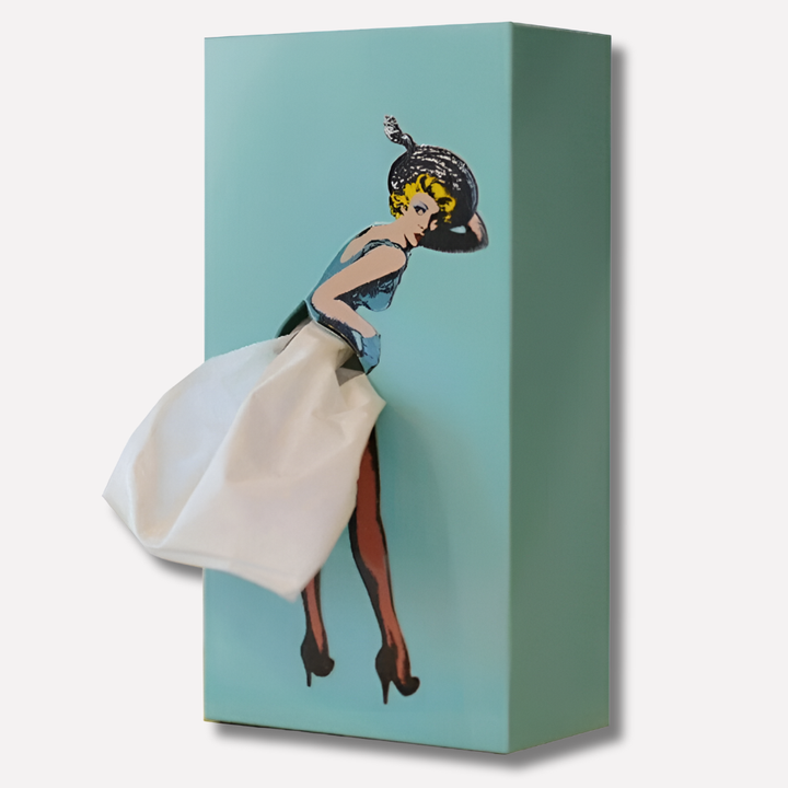 Whimsical flying skirt tissue holder. A unique decorative piece and functional tissue box for home decor.