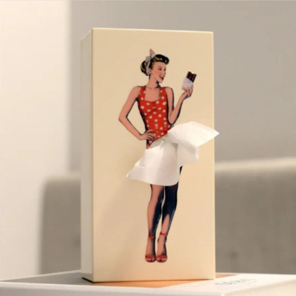 Unique pop art flying skirt tissue box holder. Great novelty gift for funky, artistic home decor lovers.