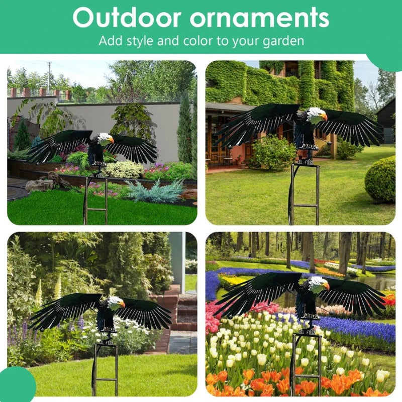 Vibrant metal bird wind spinner adds whimsical charm as garden decor and outdoor art to any yard.