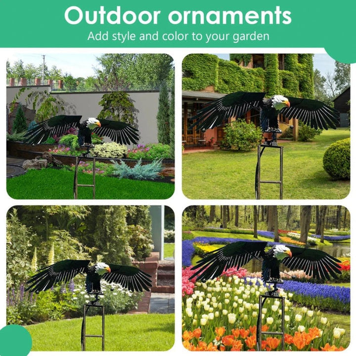 Vibrant metal bird wind spinner adds whimsical charm as garden decor and outdoor art to any yard.