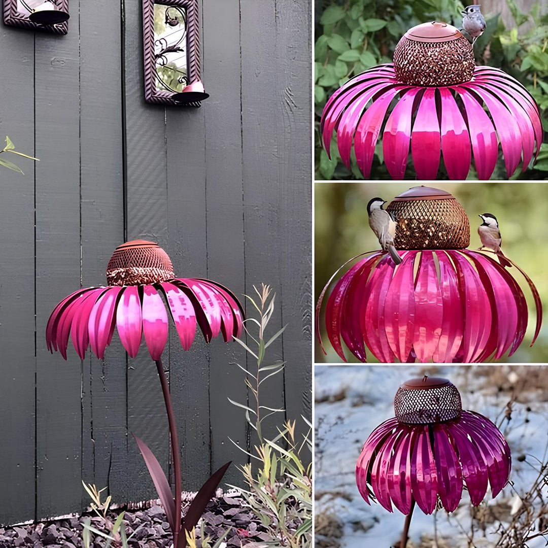 Decorative metal flower bird feeder house for garden, vibrant outdoor ornament.
