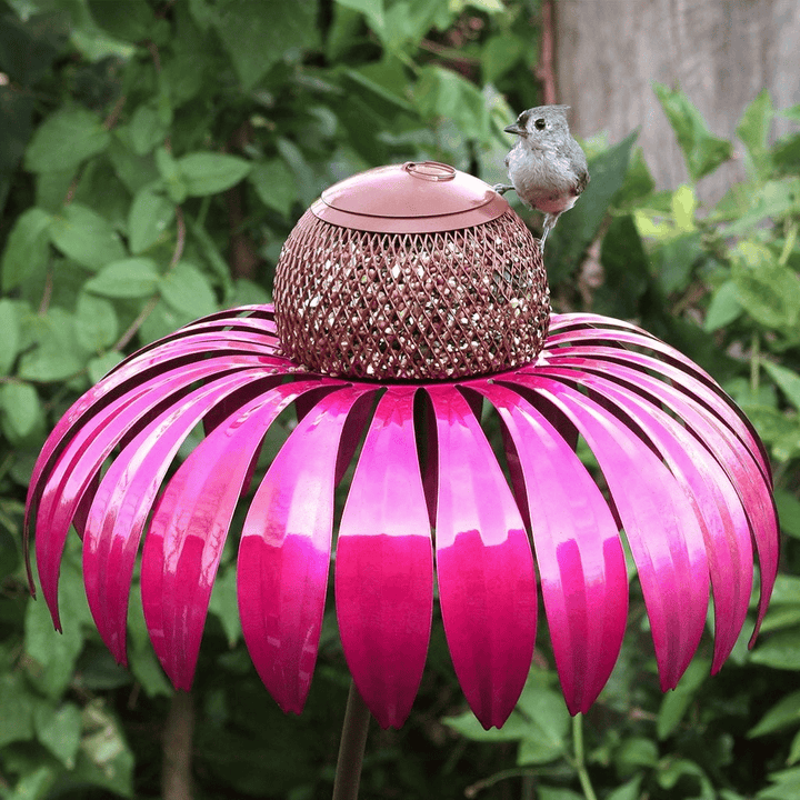 Blue metal flower bird feeder house, attracting wildlife to your garden.