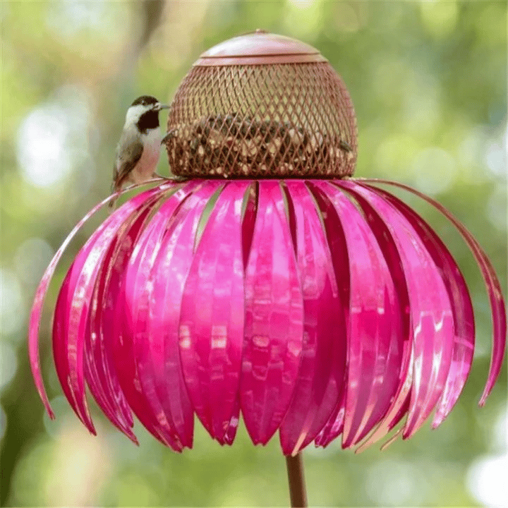 Unique metal flower design bird feeder, perfect for garden decoration.