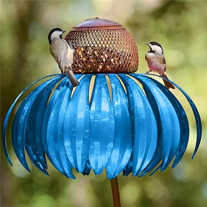 Eye-catching outdoor ornament: a metal flower bird feeder for wildlife.