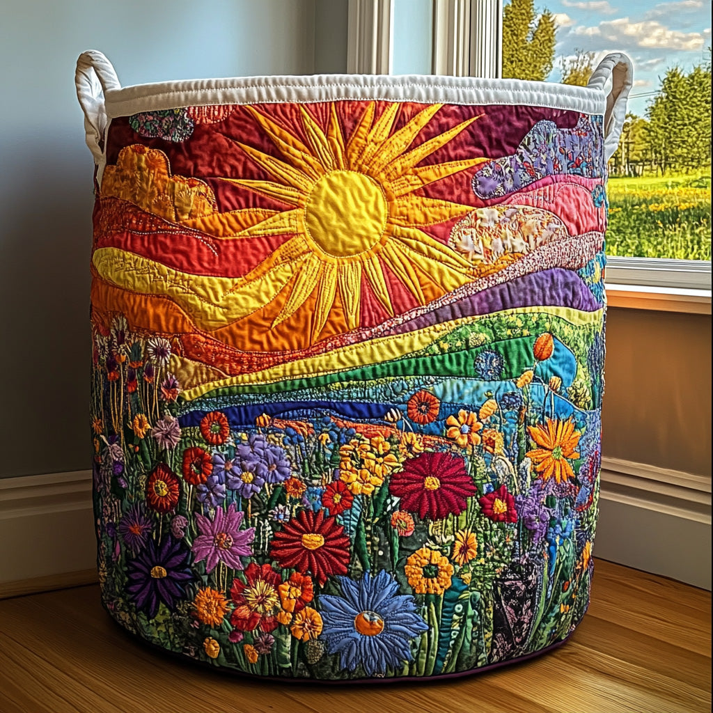 Decorative quilted fabric laundry basket, 'Sunlit Bliss' design. Ideal for bedroom & bathroom storage, home decor & organization.