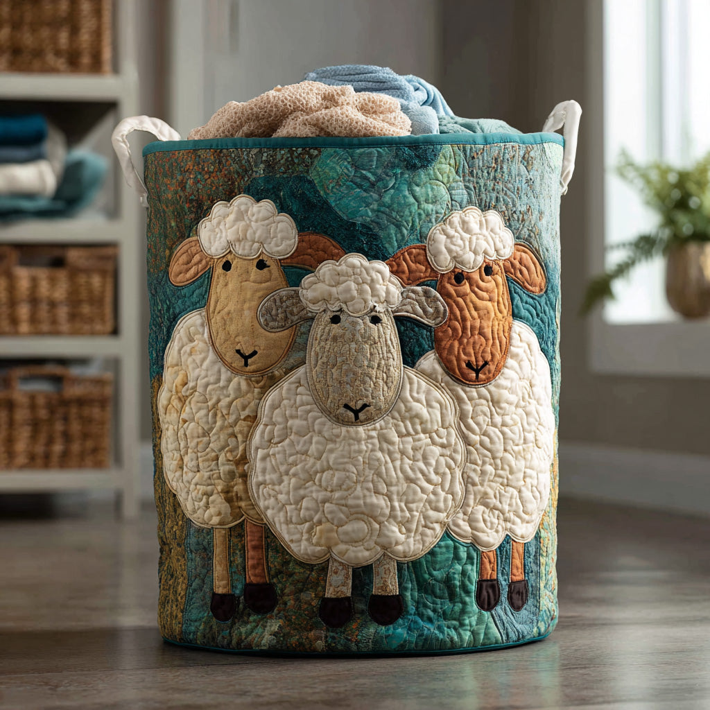 Decorative quilted fabric laundry basket with handles. Ideal for home organization & storage in bathroom or bedroom.
