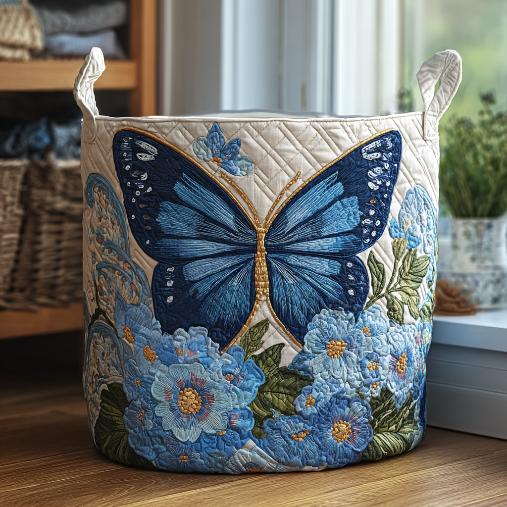 Decorative Serene Flutter quilted laundry basket. Foldable, self-standing cotton blend storage for home organization & decor.