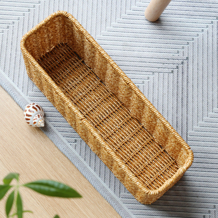 Decorative woven rectangular storage basket in light coffee, ideal for home organization & natural decor.