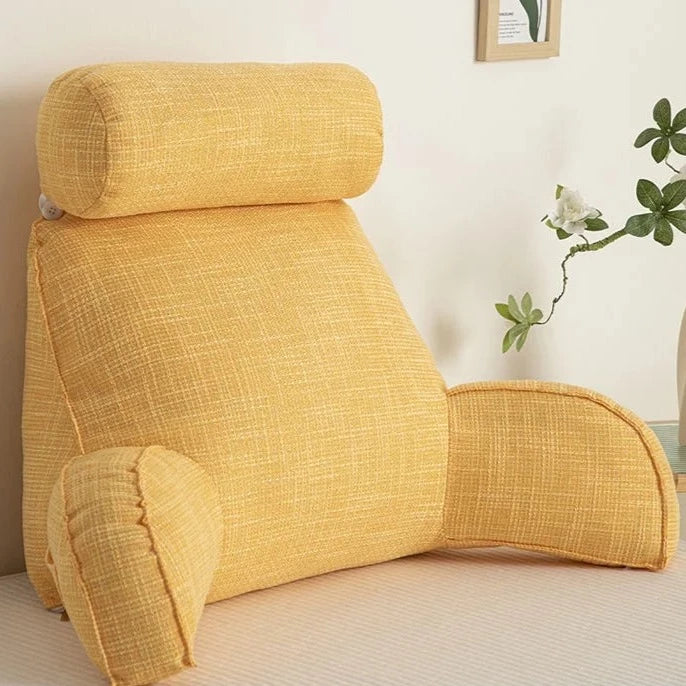 Deluxe multi-position backrest pillow with arms & adjustable headrest for ultimate reading comfort.