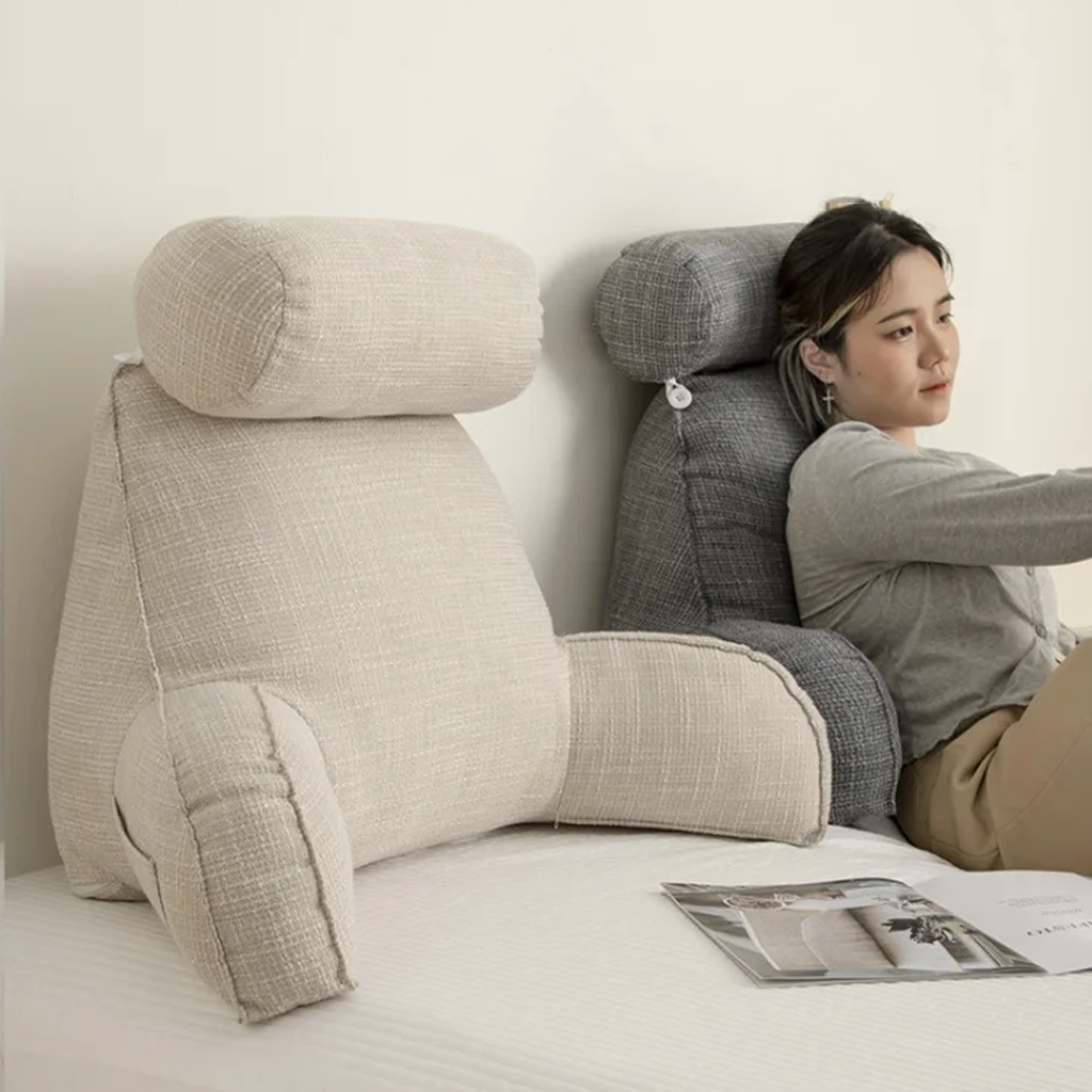 Plush lounge pillow with side pocket & washable cover; perfect backrest for relaxation.
