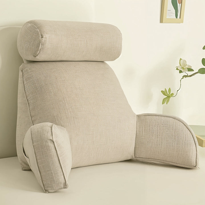 Stylish multi-position backrest with soft arms and an adjustable headrest for versatile use.