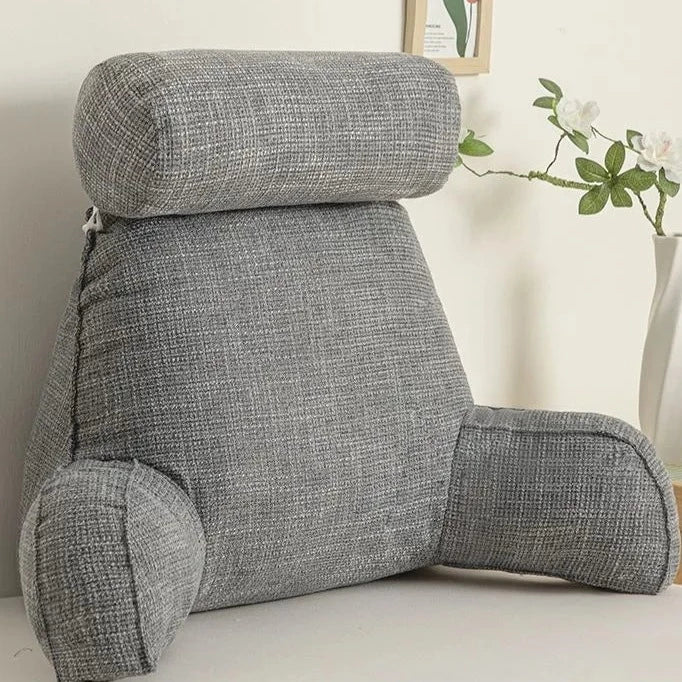 Premium reading backrest pillow with convenient side pocket & plush armrests.