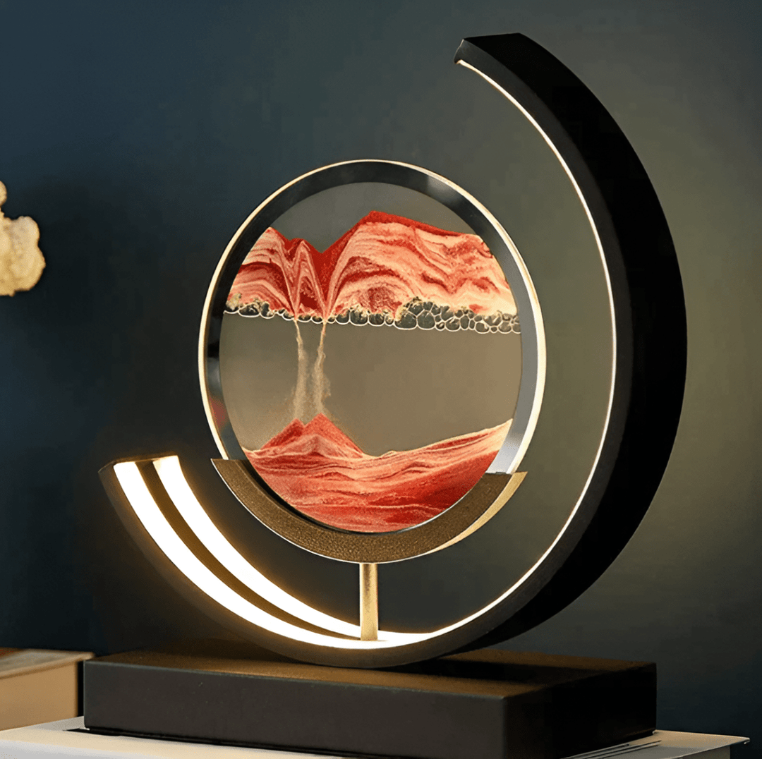 Elegant moving sand art lamp with soft, dimmable LED light, perfect for ambient home decor.