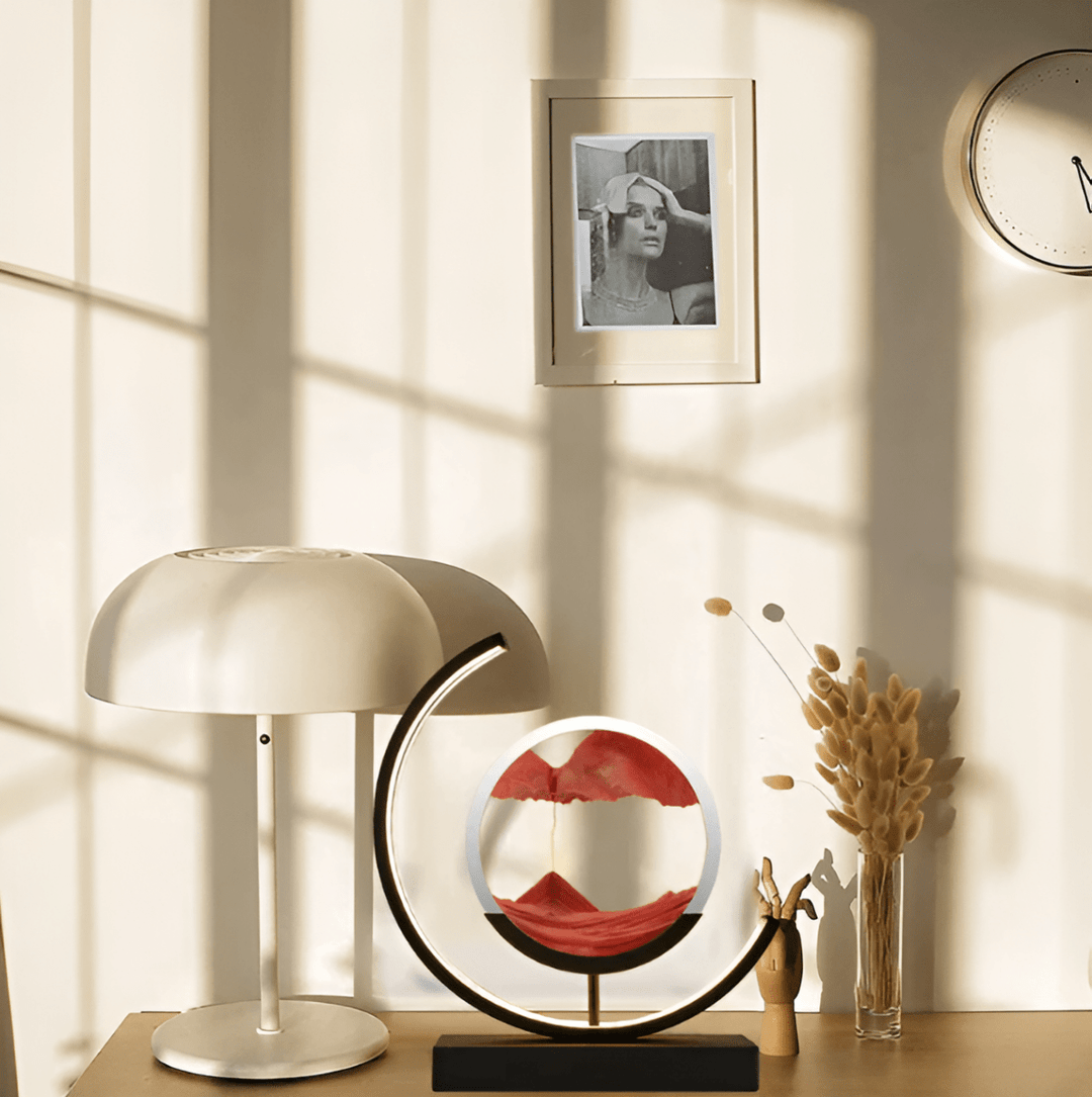 Modern sand lamp with remote/app-controlled dimmable LED lighting, a unique piece of home decor.