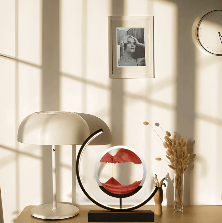 Modern sand lamp with remote/app-controlled dimmable LED lighting, a unique piece of home decor.