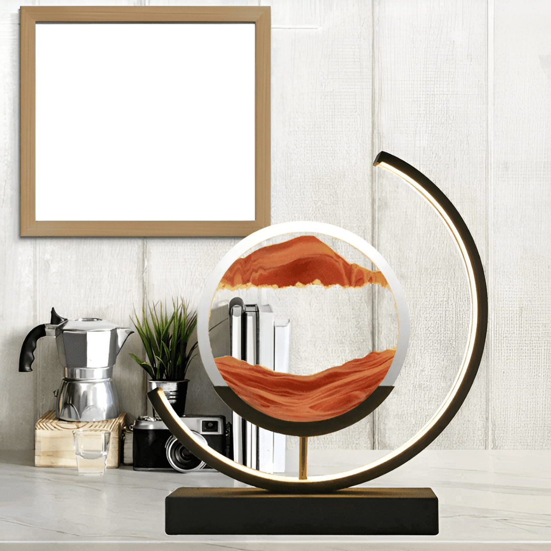 Spherical moving sand art lamp showing intricate patterns, illuminated by dimmable LED for a serene glow.
