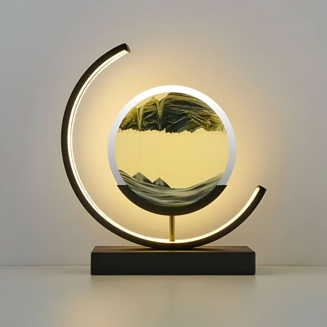 Close-up of a moving sand art lamp, highlighting the dynamic sand flow and warm, dimmable LED illumination.